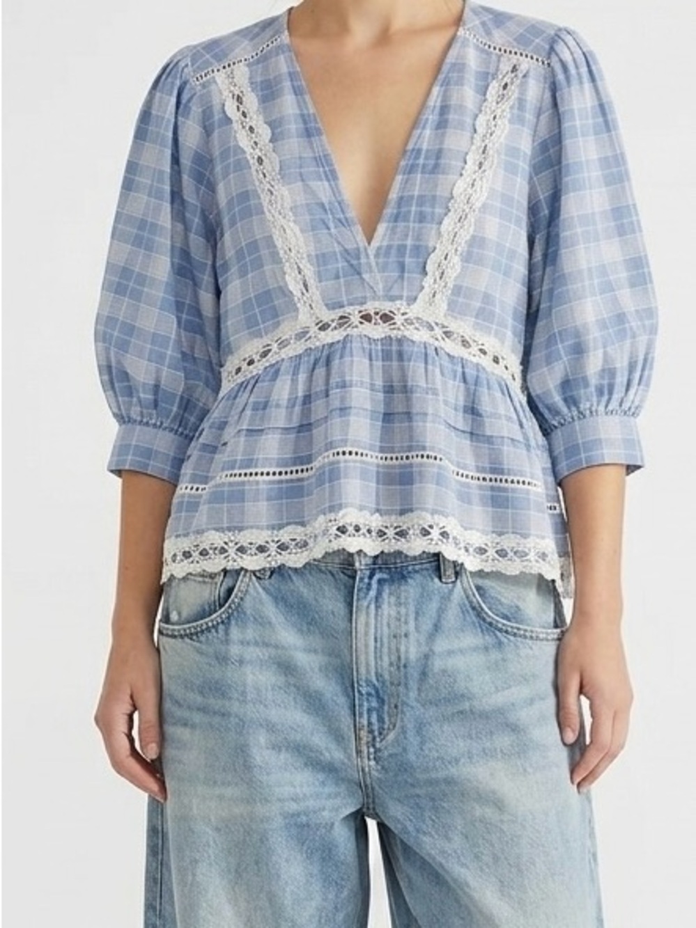 Free People Time Out Lace Tunic XS Chambray Plaid Boho Coastal